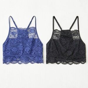 Set of Two Avid Love Lace Cropped Bralettes- Blue and Black with Keyhole at Back
